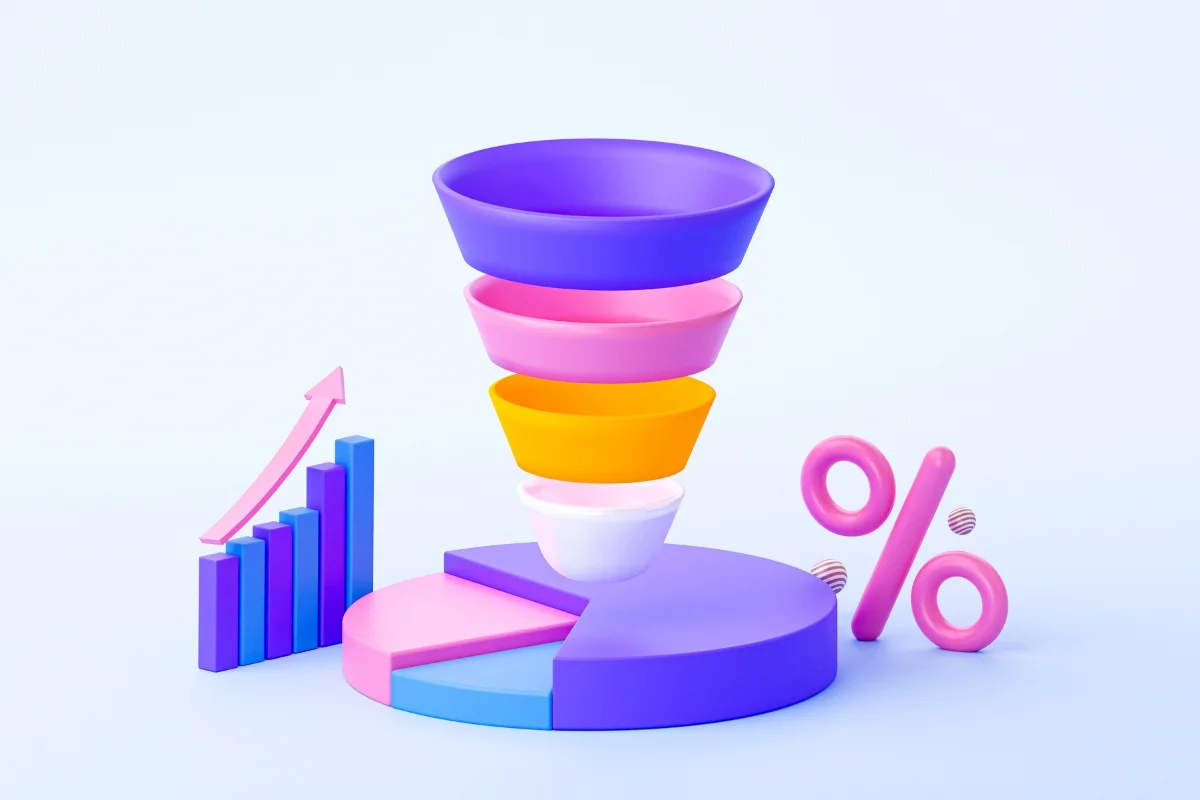 Conversion Funnel Marketing: Mastering Customer Journey Optimization 2 A colorful conversion funnel on a blue background.