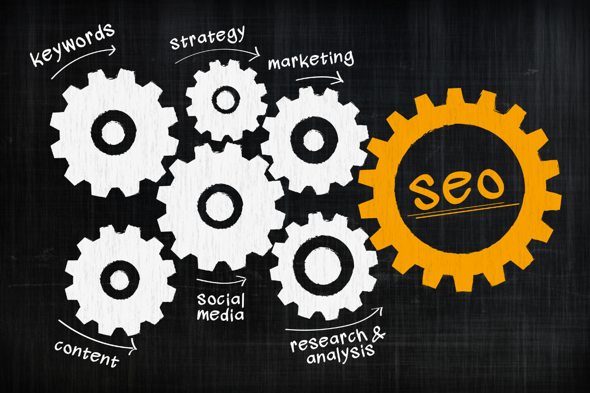 Web Design With SEO: Unveiling The Perfect Blend For Online Success 1 Illustration depicting SEO and its components as interconnected gears on a chalkboard.