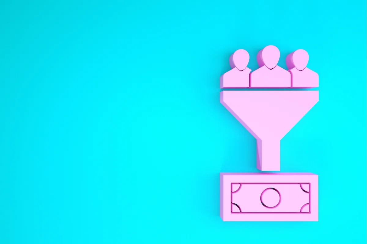 A sales funnel with people in it on a blue background.