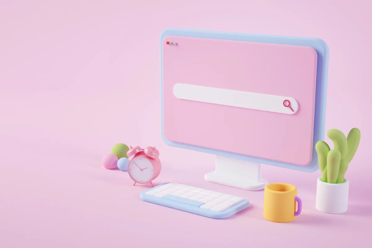 How to Search on a Website: Mastering the Art of Navigation 5 A stylized 3D illustration of a workspace with a pink computer monitor displaying a search bar for "how to search on a website," accompanied by a keyboard, a small alarm clock, a coffee