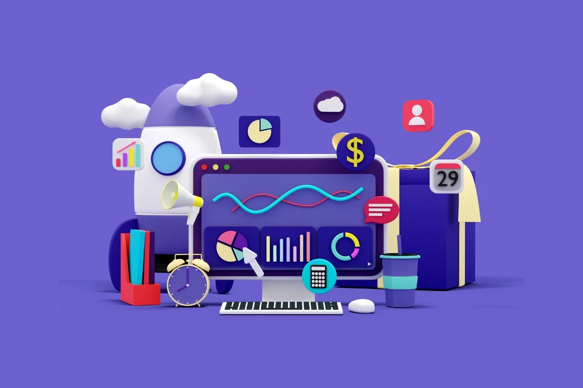 A 3D illustration showing a computer screen with data charts, surrounded by various icons, a rocket, a calendar, books, an alarm clock, a magnifying glass, and a cup—all set against a purple background and subtly hinting at the question: What Is Hyperlocal Marketing?