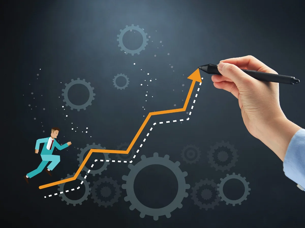 Local SEO Audit Blueprint for Small Business Growth 1 Person in a suit running on a zigzagging upward arrow being drawn by a hand, surrounded by gear graphics and local SEO audit tools on a dark background.