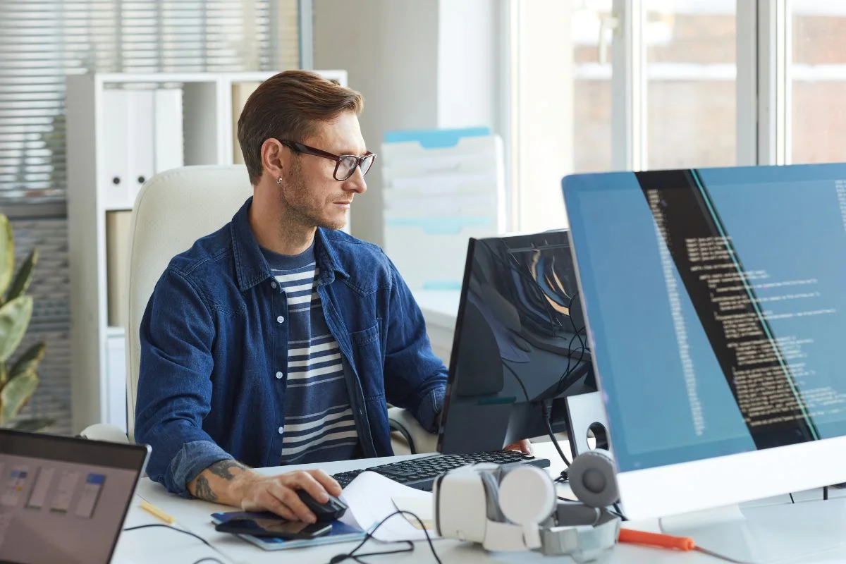 Maximize Efficiency: CRM Integration With Business Automation 7 A person with glasses sits at a desk working on two computer monitors displaying code related to CRM integration in a bright office.