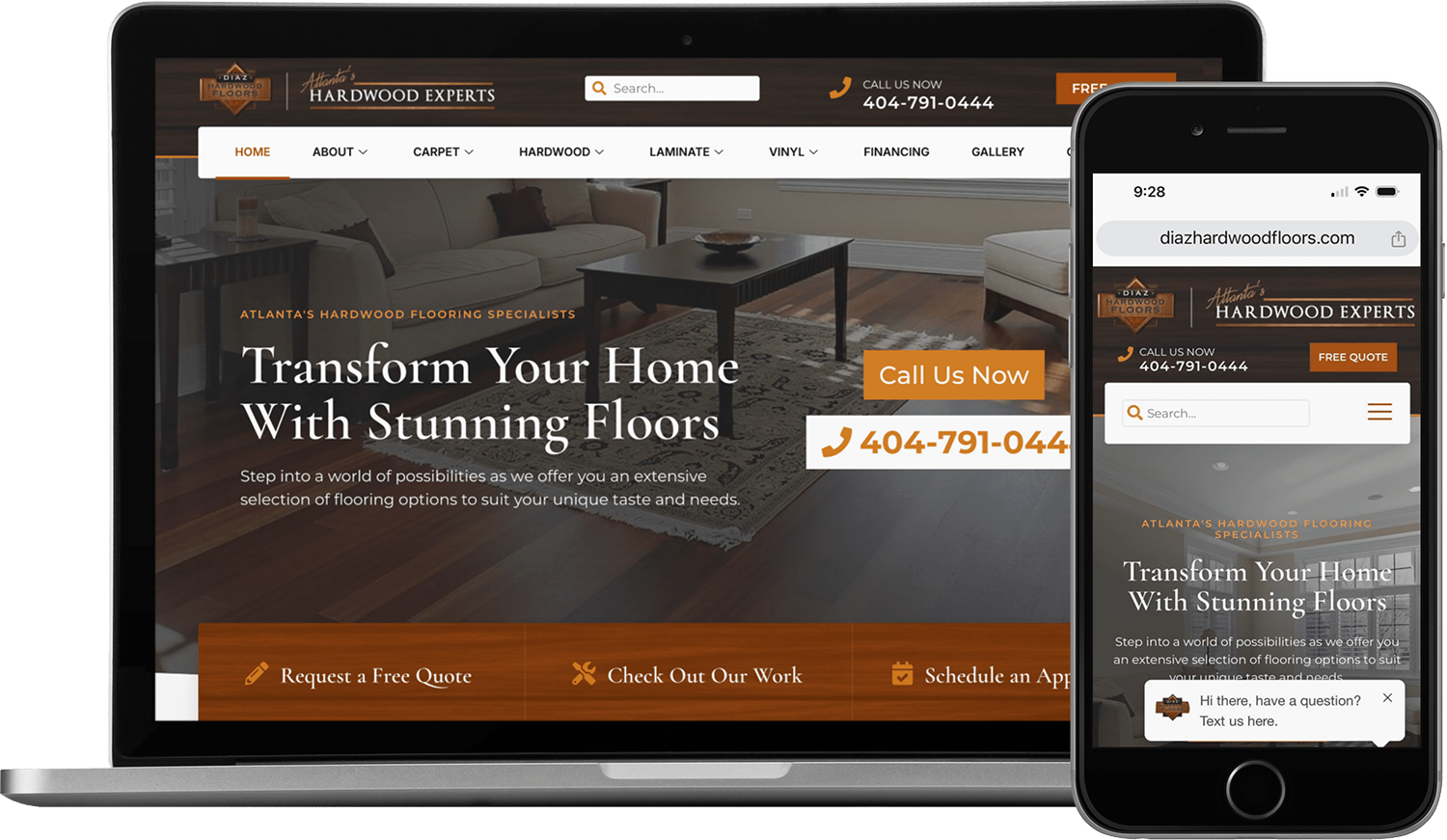 A laptop and smartphone display the homepage of a hardwood flooring website, showcasing options to call, request a free quote, and view their work. The site also highlights their software for contractors, making project management more efficient.