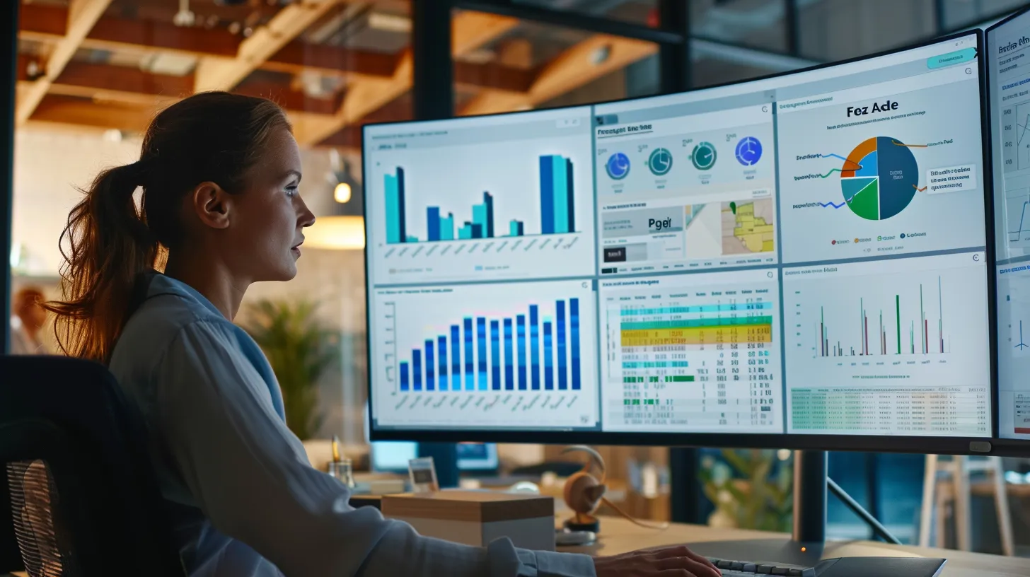 A marketer analyzing PPC campaign results on a large screen with a Google Ads dashboard showing high ROI performance.