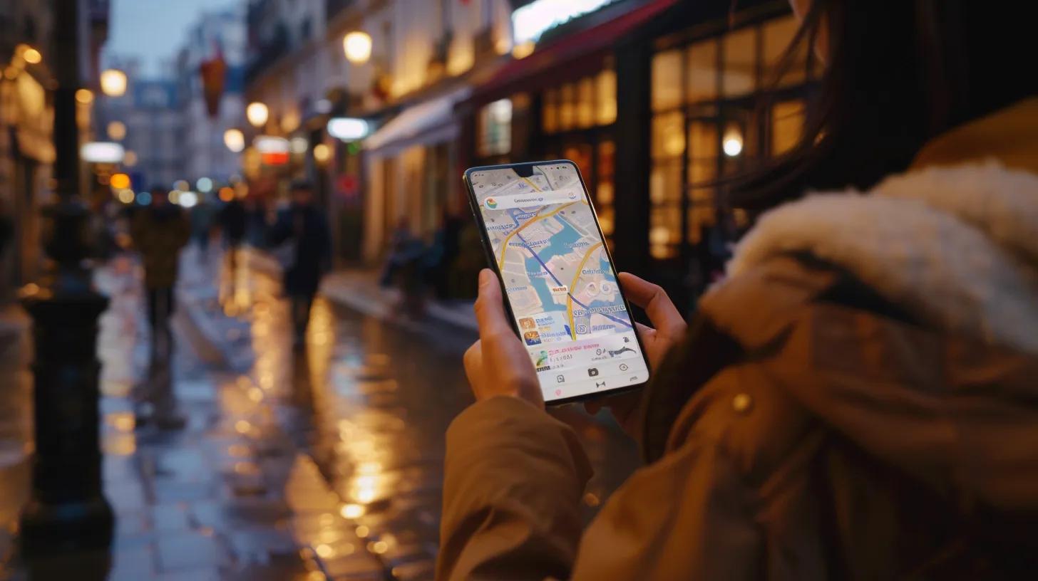 Over-the-shoulder shot of a person holding a smartphone open to a Google Maps results page that highlights multiple local cafés, with the focus crisp on the screen and the bustling city street softly blurred in the background.