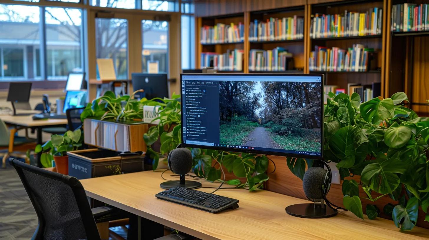 Web Accessibility: Designing for All Users 2 Wide-angle photo of a public library tech station equipped with an adjustable-height monitor, braille keyboard, and screen-reader headphones—symbolizing inclusive access for all.