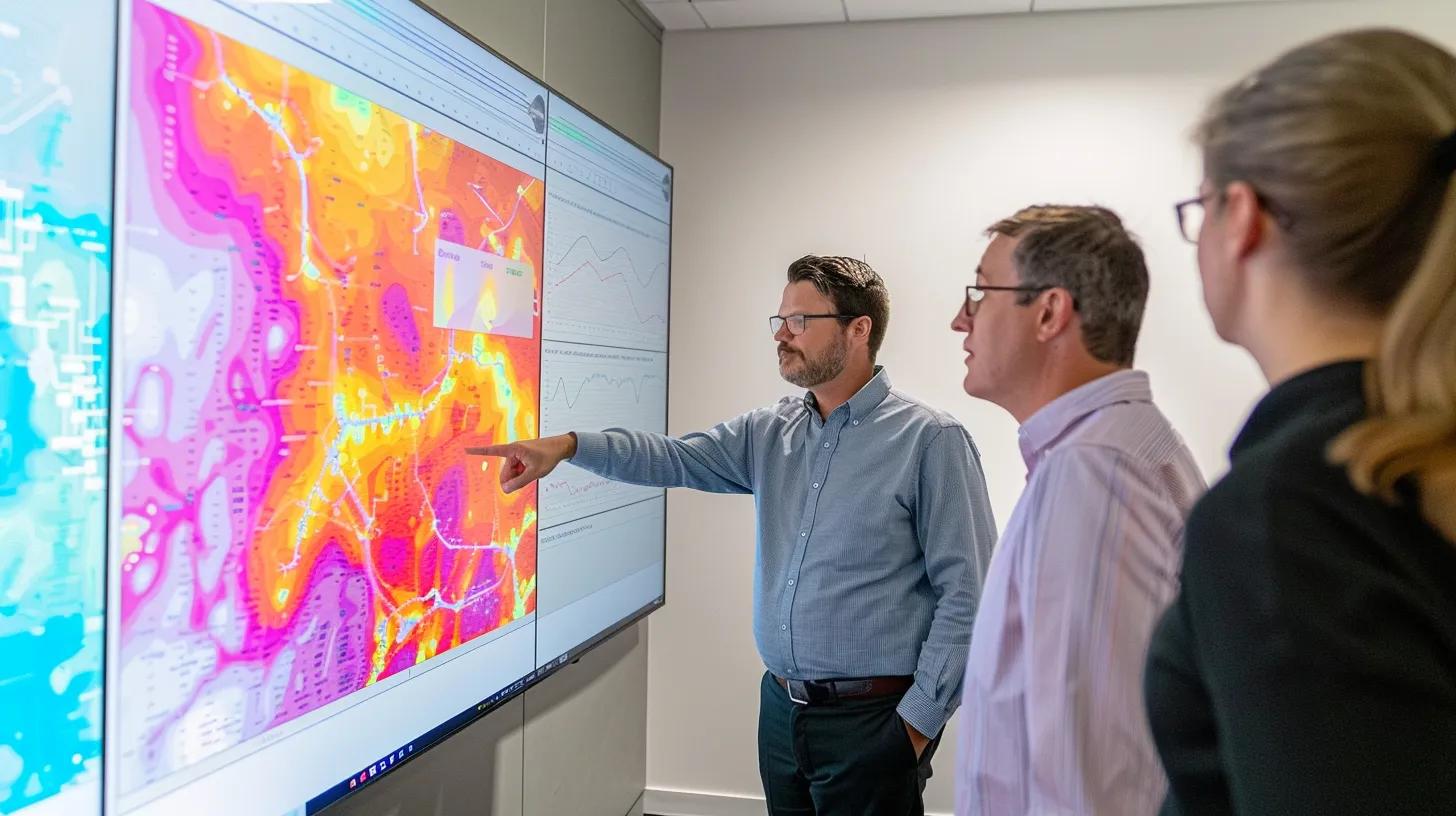 Understanding User Behavior with Heatmaps: A Guide 2 Conference-room scene where a small team stands around a large wall-mounted display featuring a mobile-app heatmap, one team member pointing to intense hotspot areas during a strategy meeting.