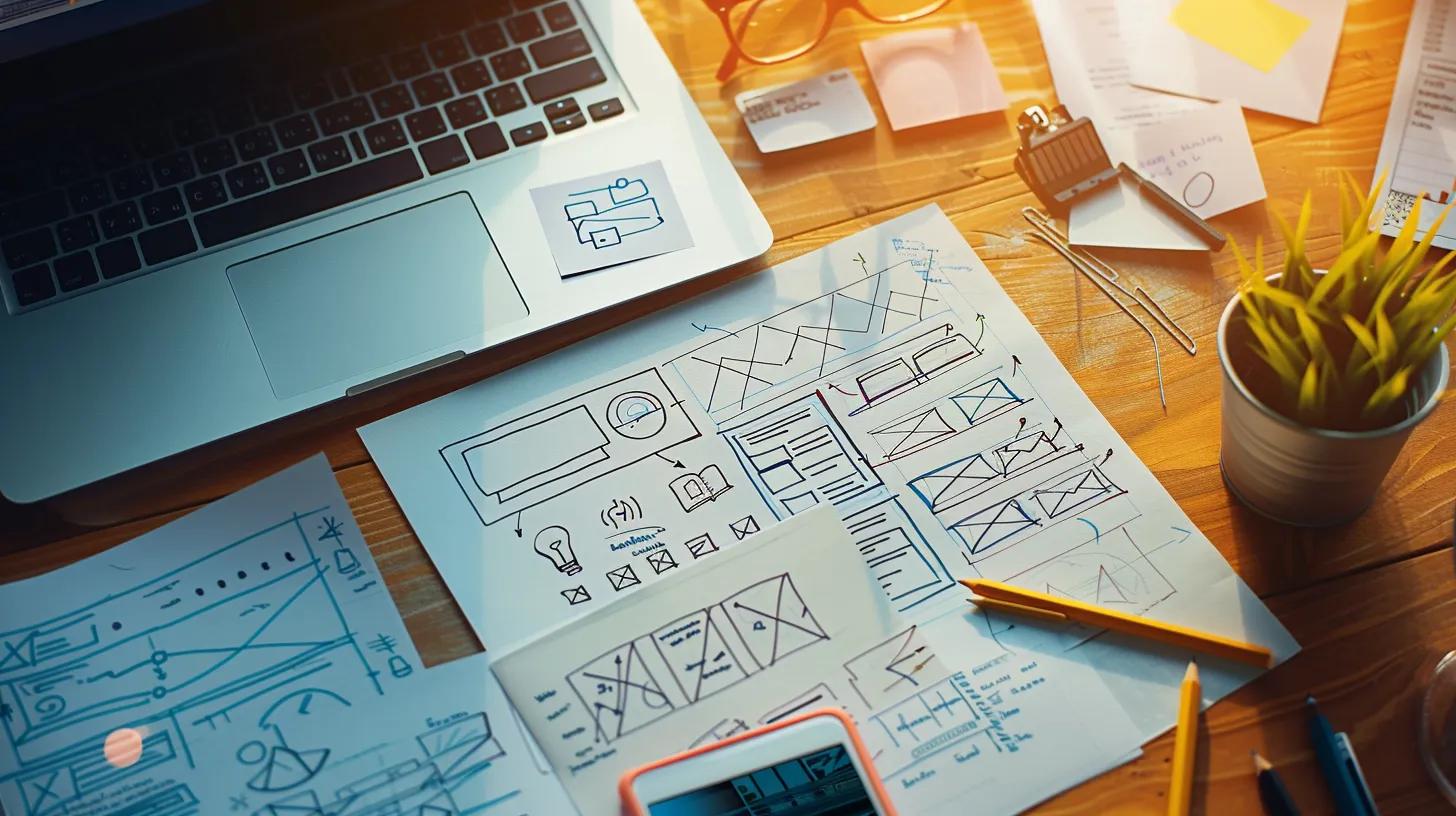 Web Accessibility: Designing for All Users 3 Flat-lay of a work desk featuring wireframe sketches annotated with alt-text notes and keyboard-shortcut icons, alongside a laptop displaying the finished responsive layout.