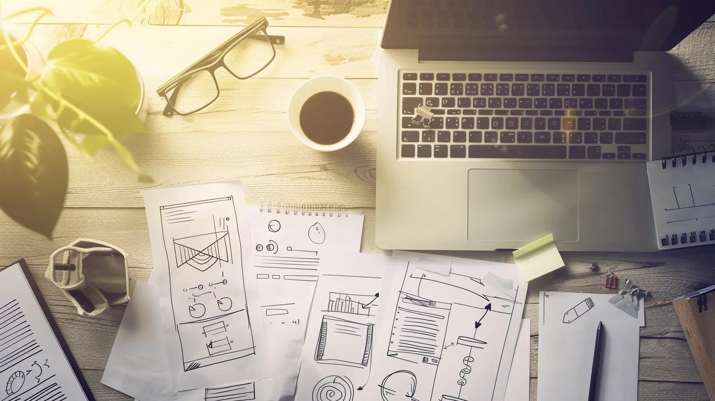 Flat-lay of a work desk featuring wireframe sketches annotated with alt-text notes and keyboard-shortcut icons, alongside a laptop displaying the finished responsive layout.