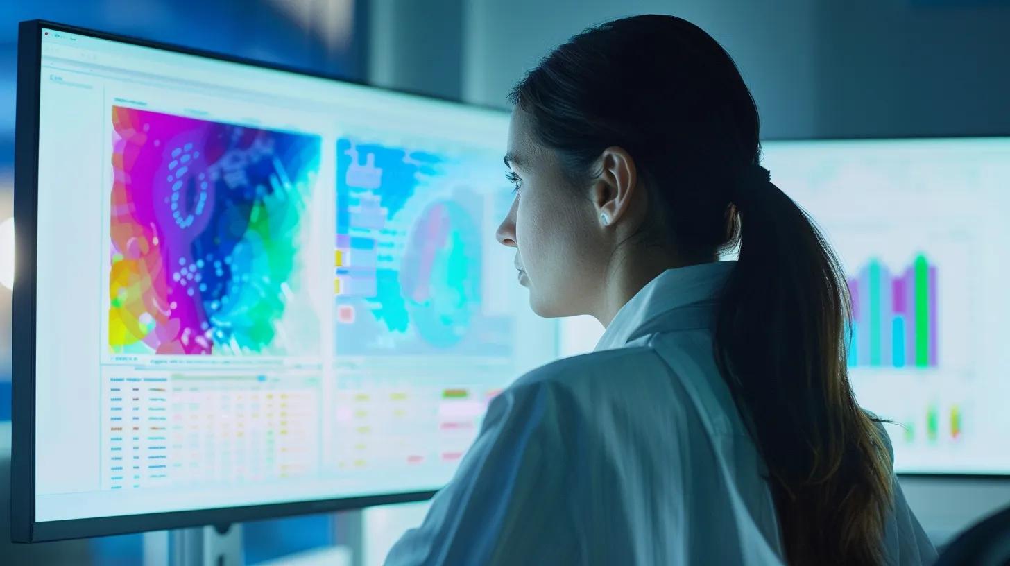 Understanding User Behavior with Heatmaps: A Guide 3 Over-the-shoulder photograph of a digital marketer examining a vivid click-heatmap overlay on an website landing page displayed on an ultra-wide monitor in a softly lit office.
