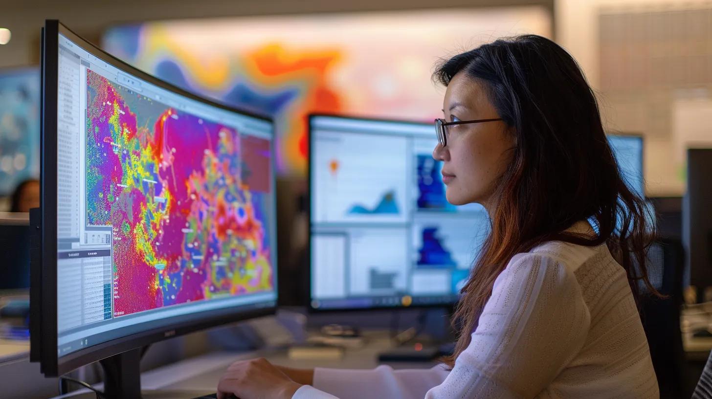 Over-the-shoulder photograph of a digital marketer examining a vivid click-heatmap overlay on an e-commerce landing page displayed on an ultra-wide monitor in a softly lit office.