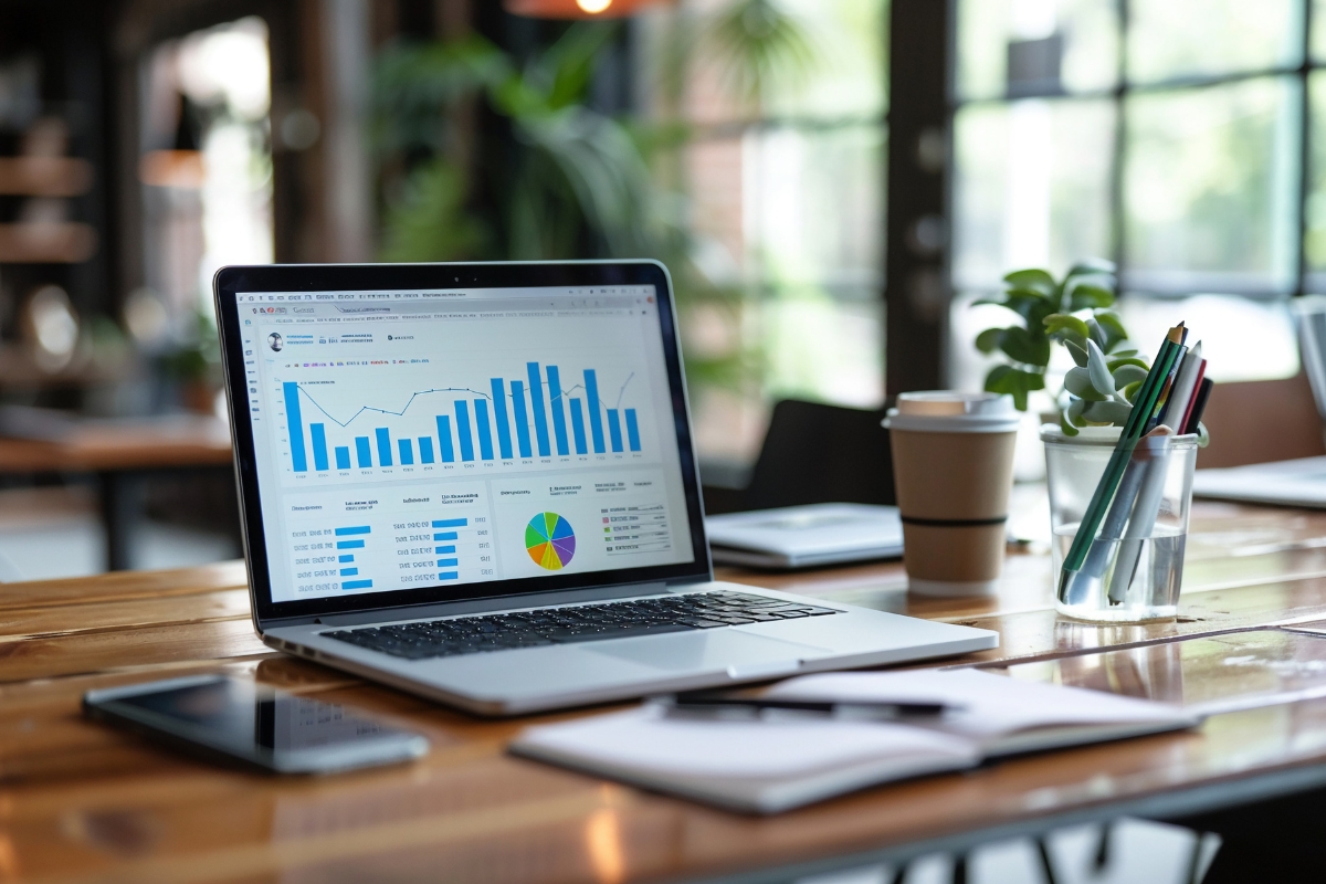 Understanding User Behavior with Heatmaps: A Guide 7 A laptop on a wooden desk displays charts, graphs, and heatmaps; nearby are a smartphone, notebook, pen, cup, and potted plant in a bright office setting.