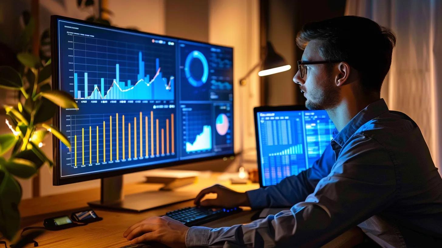 Nighttime office scene where a UX analyst studies real-time analytics on a large screen, conversion rate graphs rising under focused ambient lighting.