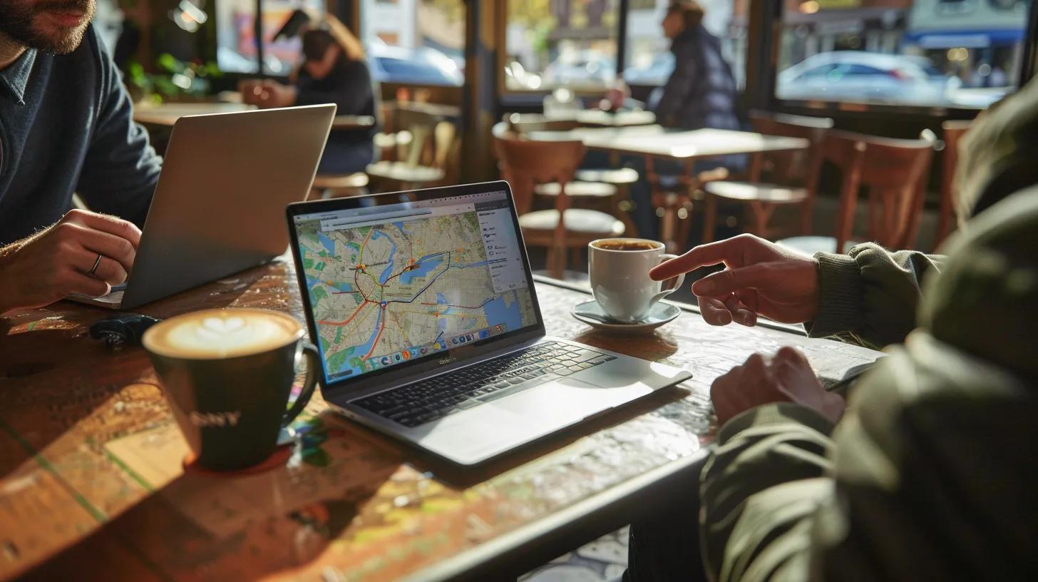 Optimizing for 'Near Me' Searches: A Guide for Local Businesses 7 Candid café scene where friends gather at a table covered with laptops and lattes, one person pointing to a map on their screen—depicting collaborative planning after a successful nearby search.