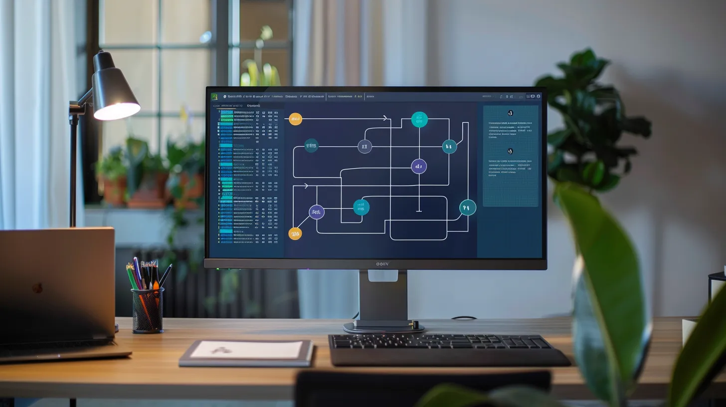 A contemporary office workspace featuring a large ultra-HD monitor displaying an active workflow automation interface. The screen shows: A flowchart with color-coded nodes (blue for triggers, green for approvals, orange for actions) connected by arrows, Floating checkmark badges appearing on completed tasks, processing documents. The desk setup includes a backlit mechanical keyboard, wireless mouse, and notebook. Soft natural light from a nearby window creates glare-free screen visibility.