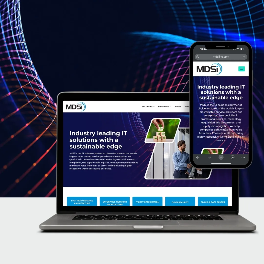 A laptop and smartphone display the MDSi website homepage, featuring the headline "Industry leading IT solutions with a sustainable edge," against a blue abstract background.