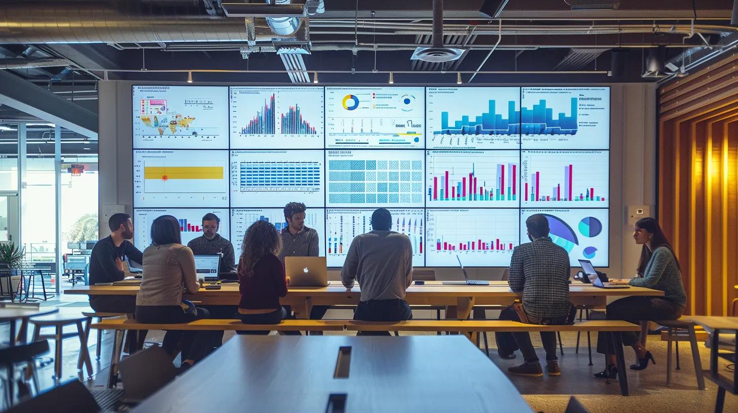 Local Reviews: How to Leverage Them for Better Search Visibility 7 a bustling digital marketing office featuring a large screen displaying vibrant graphs and analytics related to local reviews, with team members engaged in discussions and analyzing data for seo improvements.