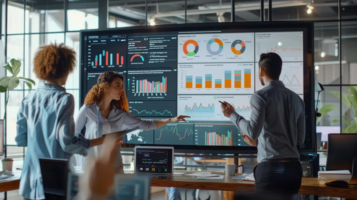 Modern Marketing: The Transformative Role of AI and Chatbots 12 a dynamic office environment showcases a diverse marketing team engaging with vibrant digital dashboards displaying ai-driven analytics and campaign metrics, highlighting the innovative power of automation in optimizing performance.