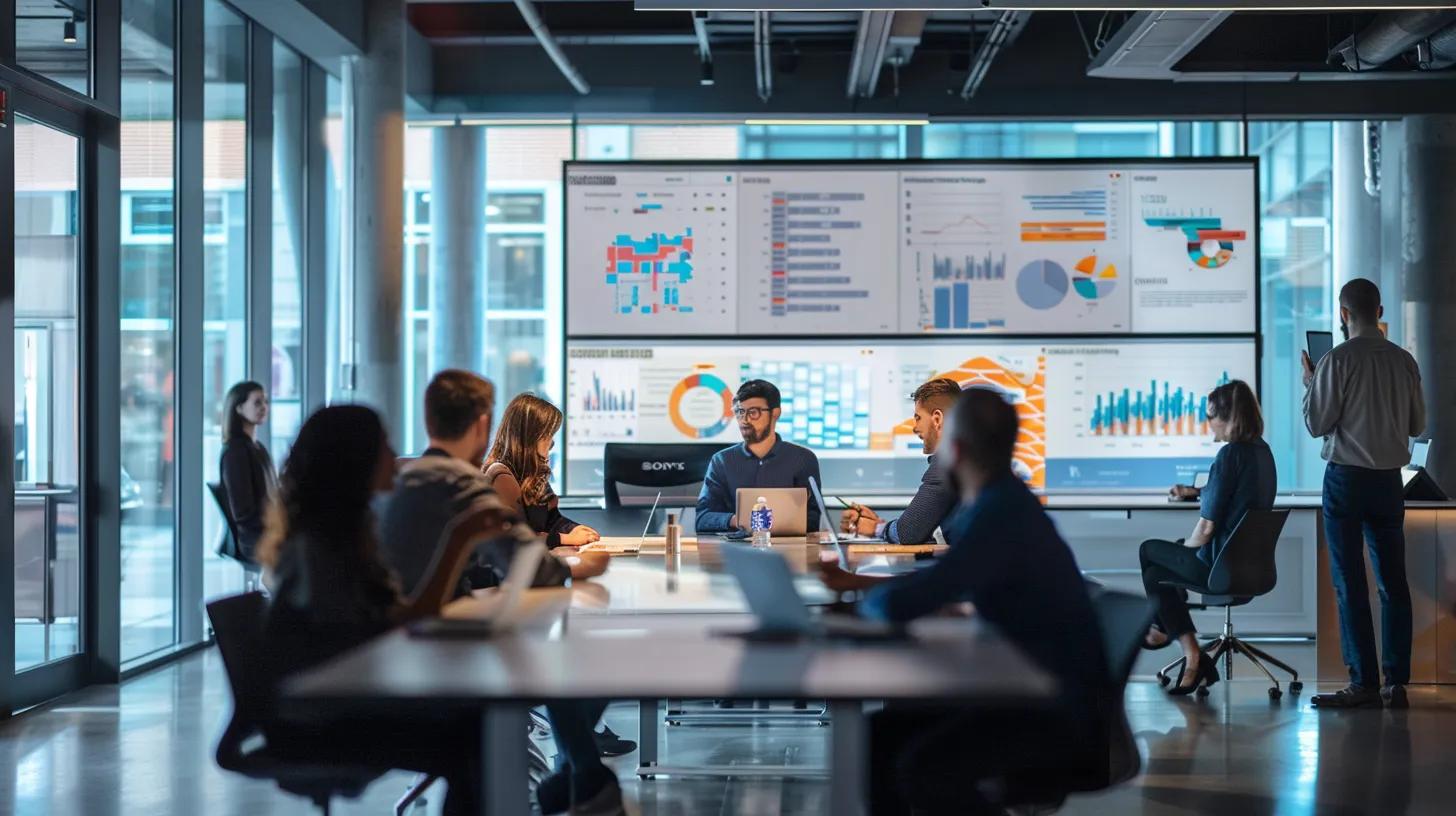 a dynamic office setting showcases a vibrant digital marketing brainstorm session, with team members engaging around a sleek conference table, surrounded by screens displaying interactive content analytics and creative visuals.