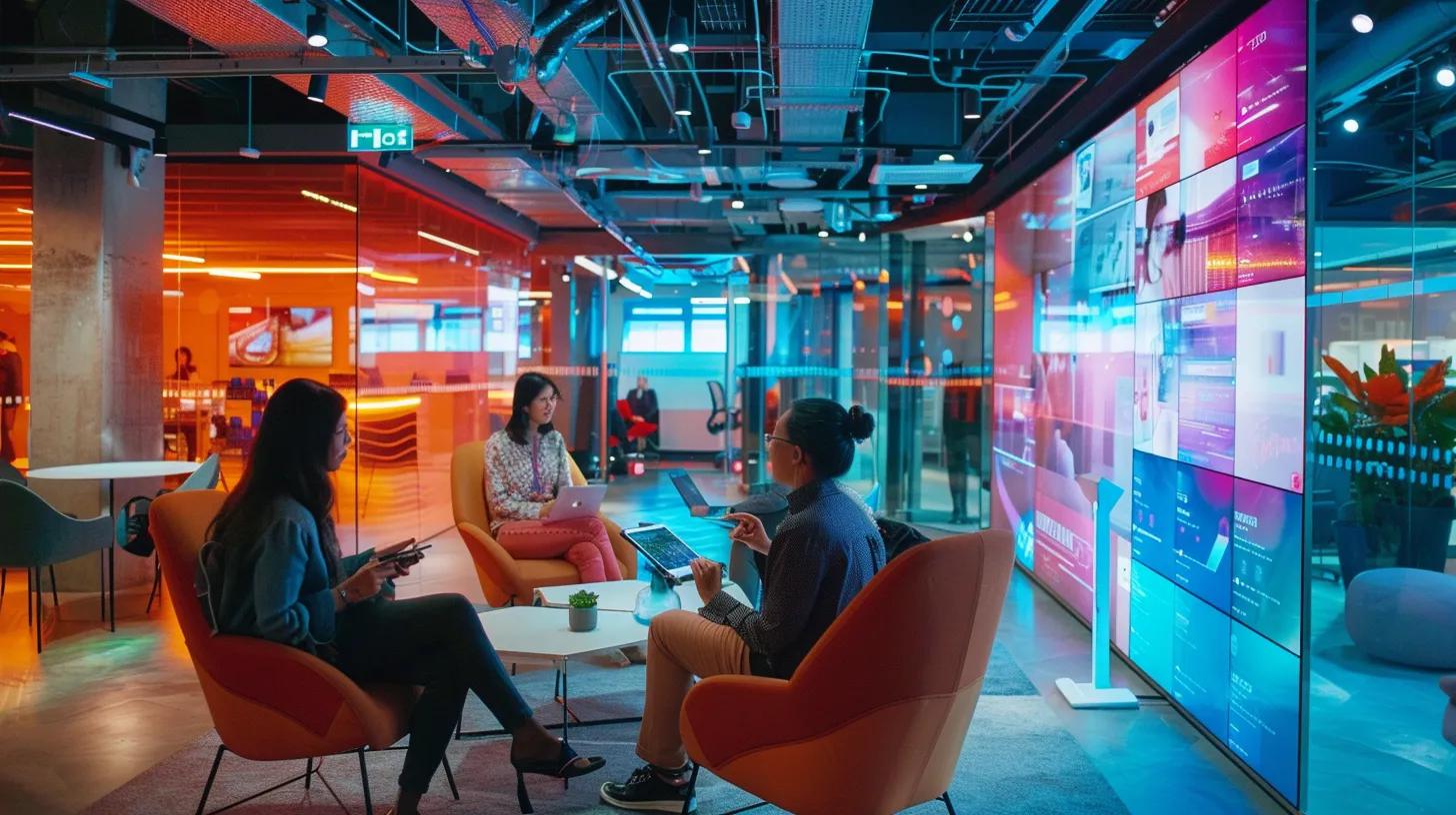 Augmented Reality (AR) in Marketing: What's Next? 10 a dynamic urban office space showcases a team of diverse marketers collaboratively engaging with augmented reality technology on sleek devices, surrounded by vibrant digital displays illustrating interactive marketing campaigns.