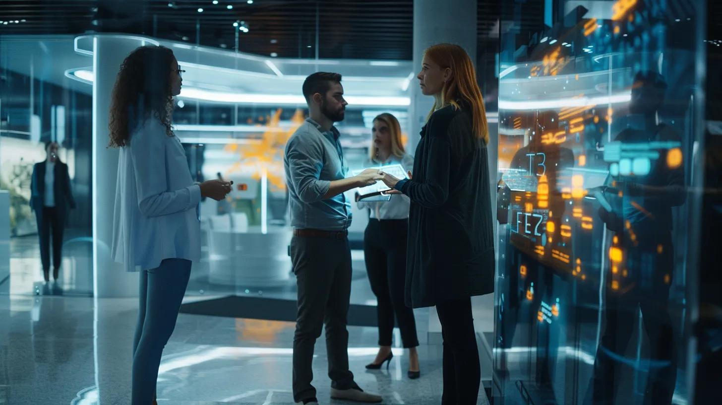 a futuristic marketing team engages with interactive augmented reality displays in a sleek, modern office, showcasing innovative product promotions and immersive consumer experiences.