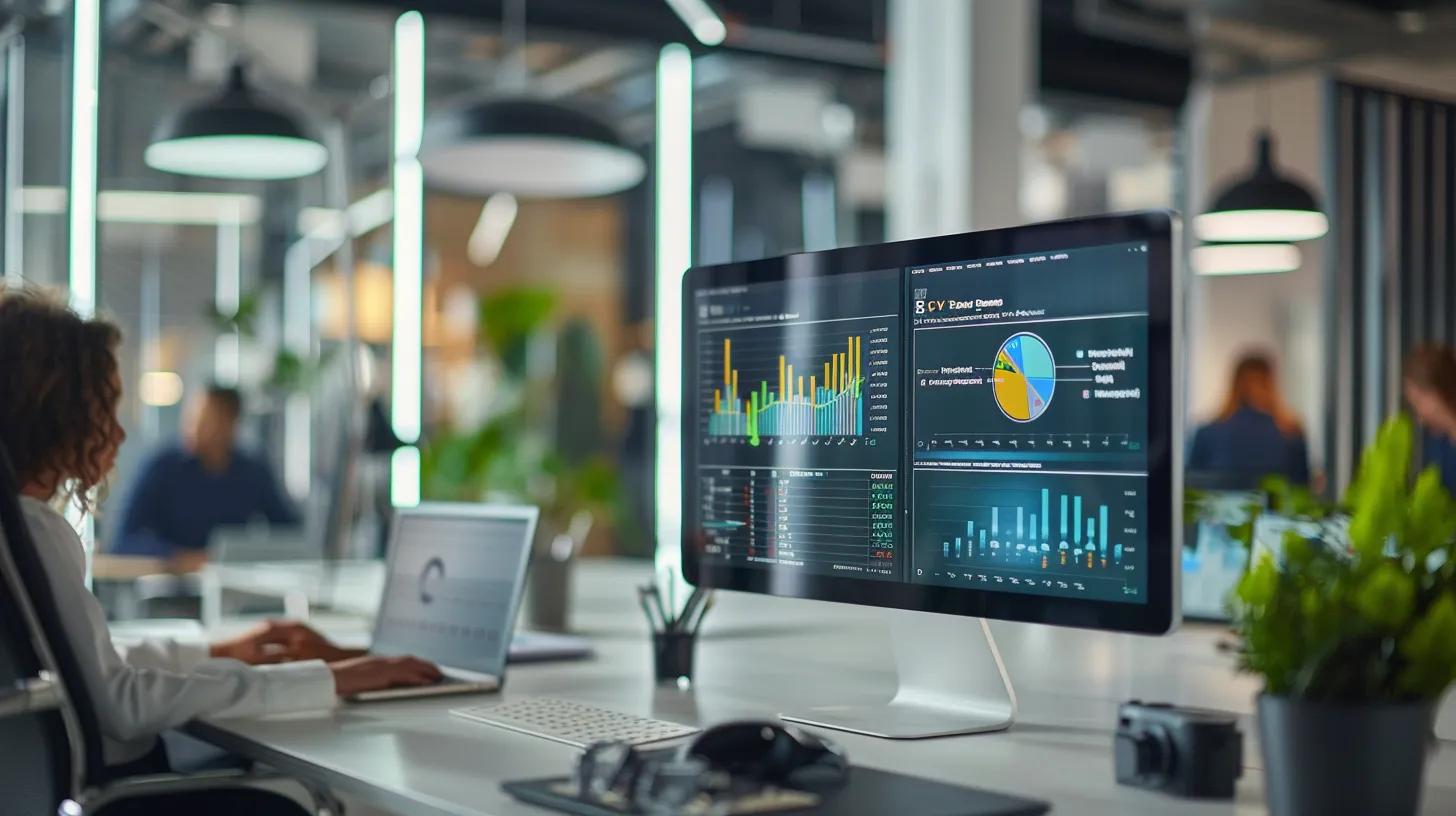 Modern Marketing: The Transformative Role of AI and Chatbots 10 a modern office space showcases a digital dashboard displaying vibrant graphs and analytics, emphasizing the efficiency of ai-driven content creation in marketing processes as focused professionals strategize around sleek workstations.
