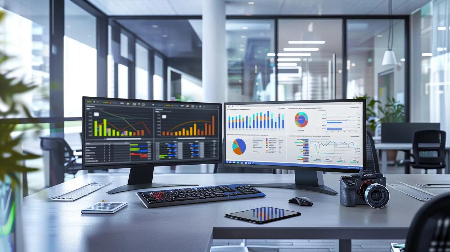 a modern office space features a sleek workstation with dual monitors displaying intricate schema markup diagrams, surrounded by vibrant charts and analytics, illustrating the impact of enhanced seo strategies on digital visibility.