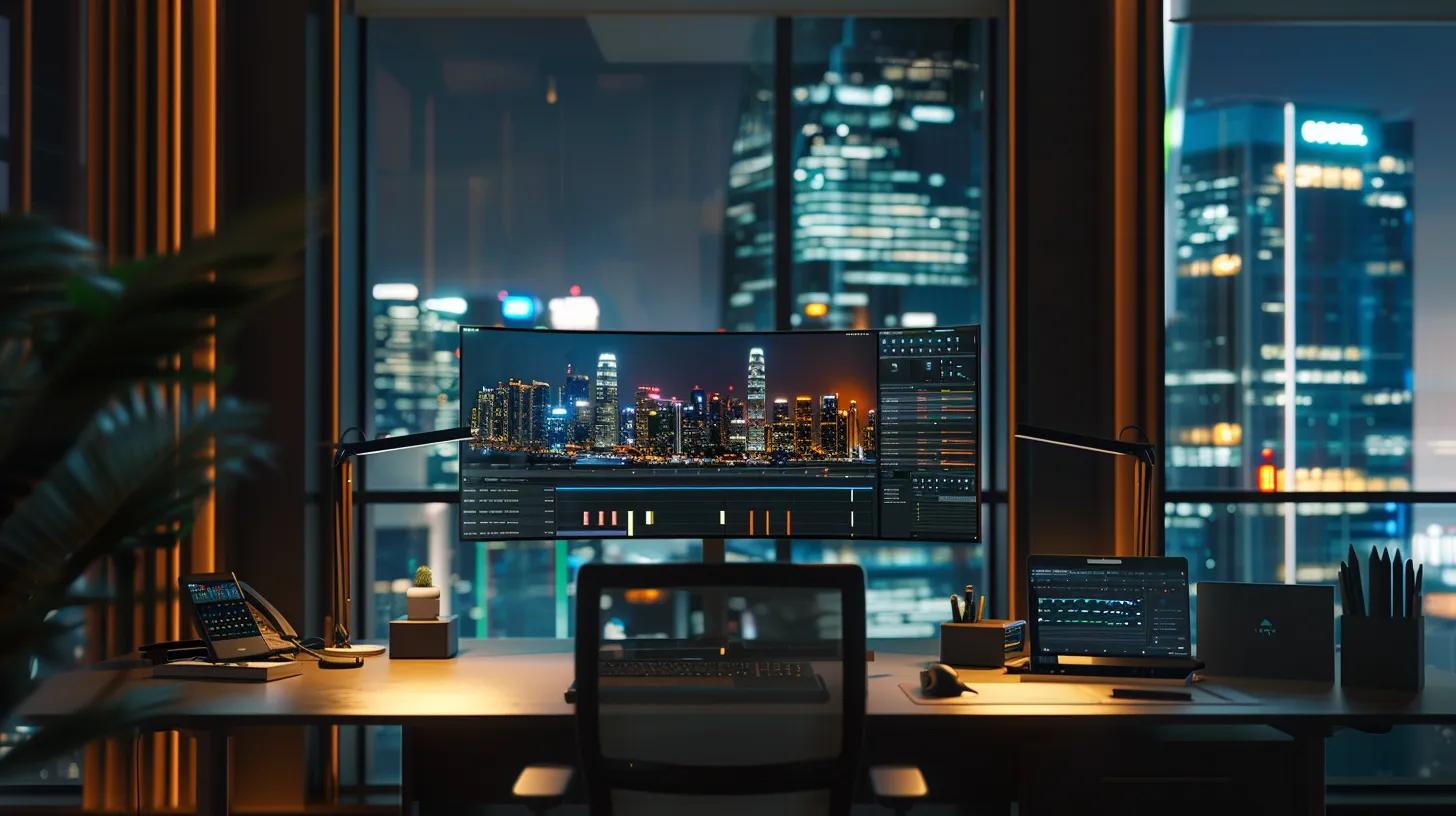 Dark Mode: Why Websites are Switching and How to Implement It 5 a sleek, modern office workspace features a high-resolution display showcasing an innovative dark mode user interface, with rich colors and sharp contrasts designed for optimal readability and visual consistency.