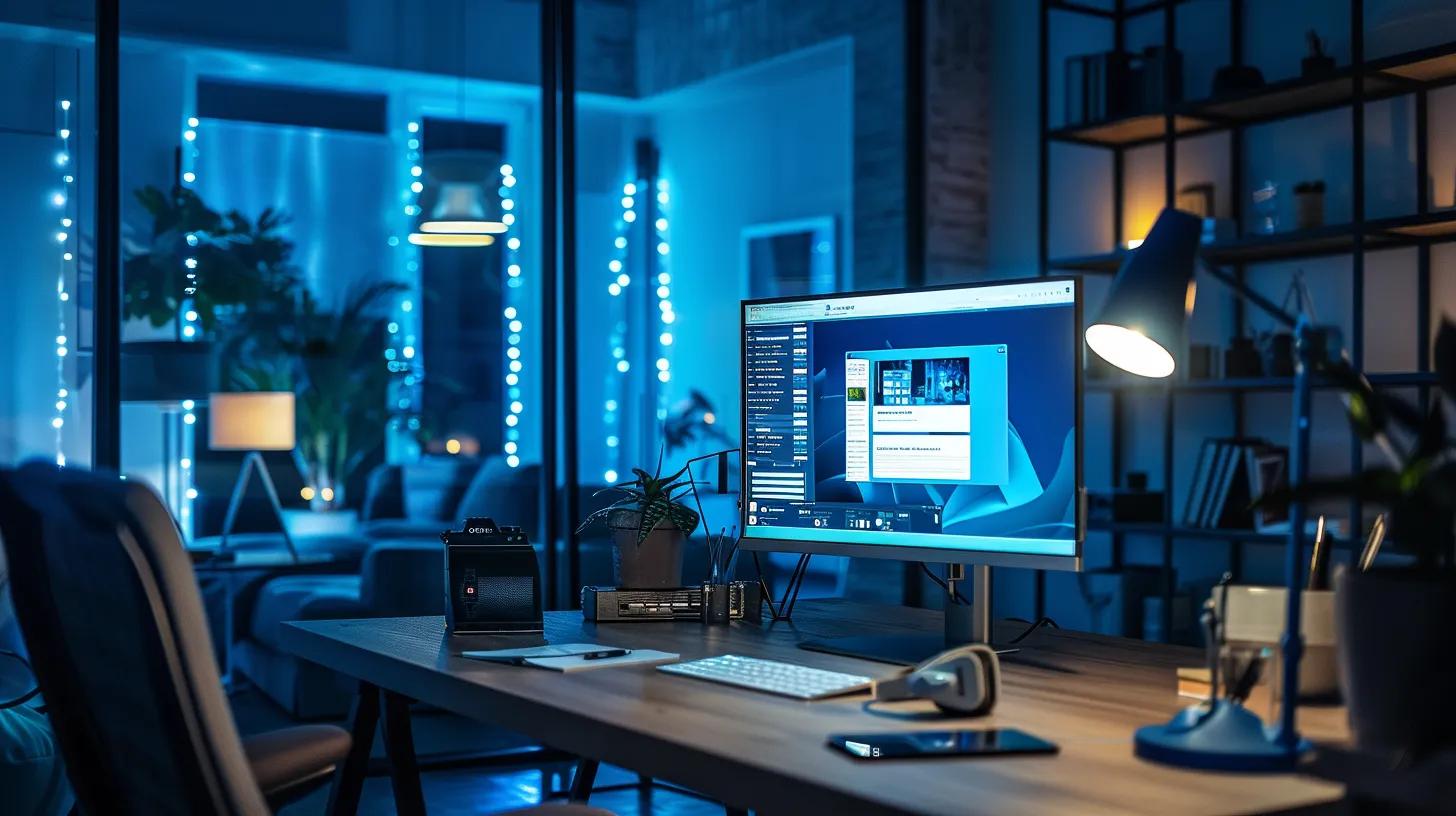 a sleek, modern office workspace illuminated by ambient blue and gray lighting, showcasing a large monitor displaying a visually striking website in dark mode, emphasizing the shift towards contemporary design and user experience.