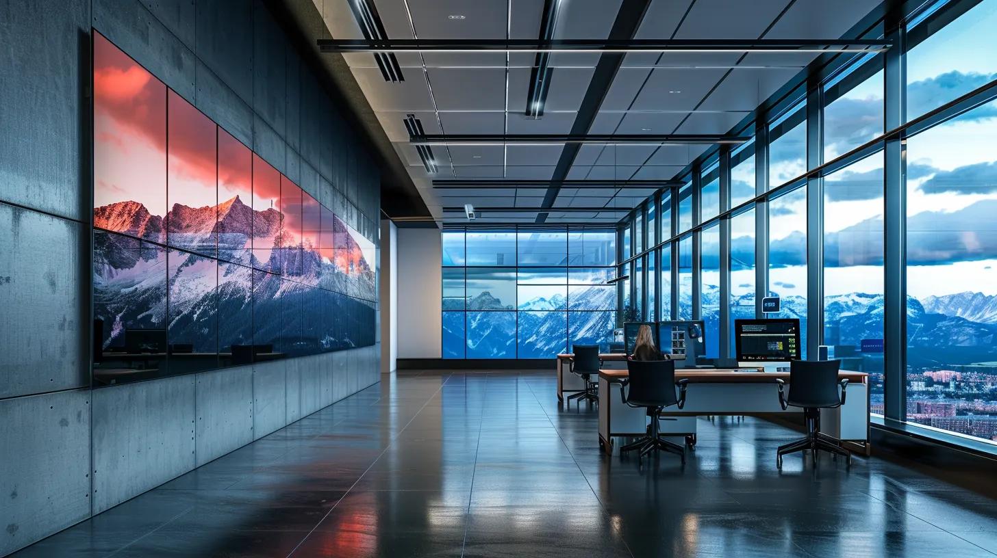 a sleek, modern office space showcases a large screen displaying vibrant video backgrounds accompanied by clear, striking graphics highlighting key dos and don'ts for effective website design.