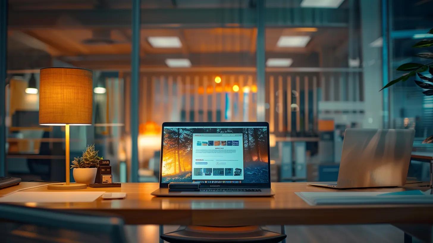 Affiliate Marketing Ethics: How to Stay Transparent and Trustworthy 12 a sleek, modern office workspace features an open laptop displaying a vibrant website with clear sponsorship disclosures prominently highlighted, embodying transparency and compliance with ftc guidelines in affiliate marketing.