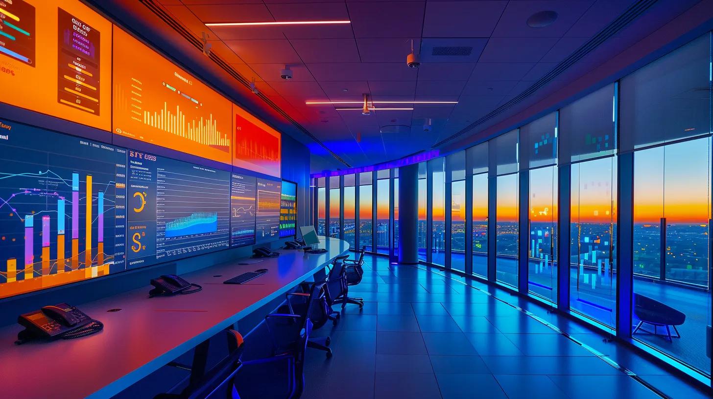 Modern Marketing: The Transformative Role of AI and Chatbots 15 a sleek, modern office filled with high-tech screens displaying dynamic data analytics and chatbot interactions, illuminated by vibrant blue and orange lighting that emphasizes the transformative impact of ai in marketing.