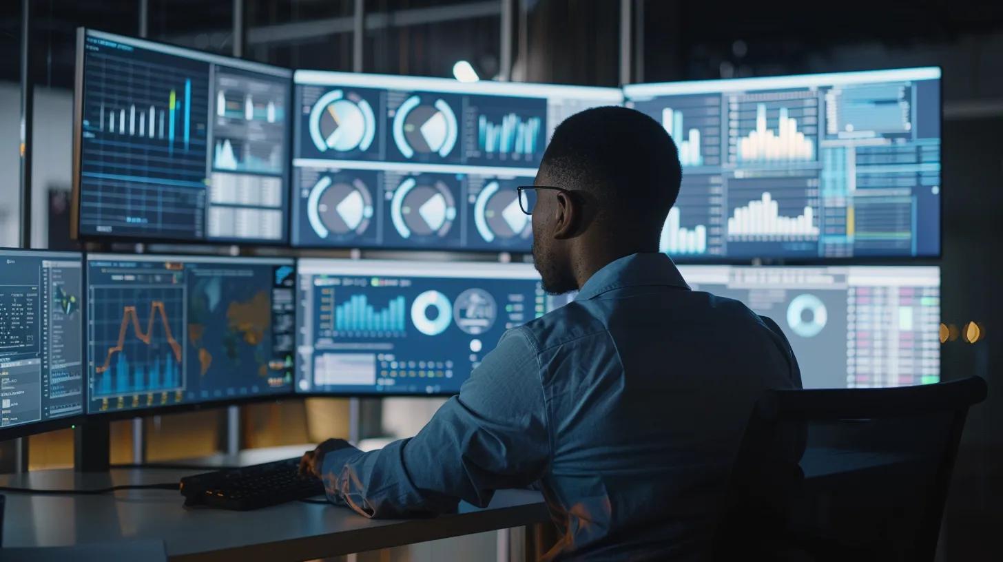 Affiliate Marketing Ethics: How to Stay Transparent and Trustworthy 14 a sleek modern office workspace features a professional examining a digital dashboard displaying neatly organized affiliate link statistics and ethical disclosure guidelines on multiple high-resolution screens.