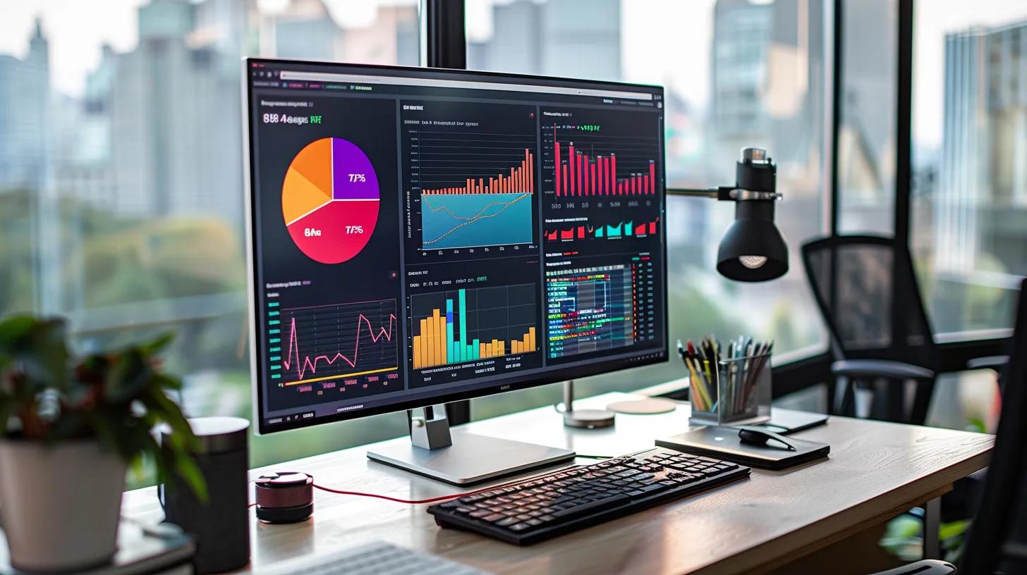 WordPress Site Performance: How to Speed It Up Effectively 3 a sleek, modern office workspace features a high-resolution monitor displaying a dynamic speed performance dashboard, with colorful graphs and metrics like load time and ttfb prominently highlighted, emphasizing the critical nature of measuring website speed effectively.