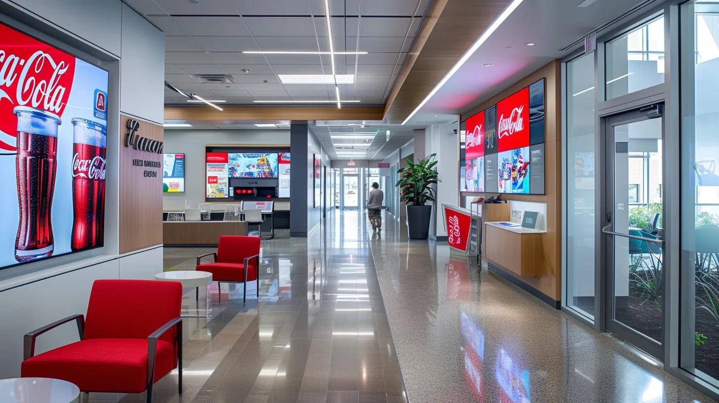 Brand Consistency: The Key to Success Across All Platforms 7 a sleek, modern office space features prominent branding elements of coca-cola and apple, showcasing cohesive design and messaging on sleek displays and digital screens, conveying the power of brand consistency in a professional environment.