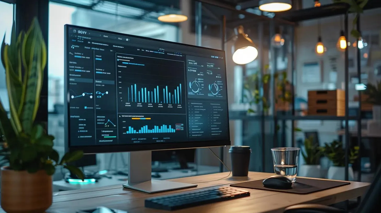 a sleek, modern office workspace features a high-performance computer setup displaying fast-loading wordpress site analytics on a vibrant screen, illuminated by focused overhead lighting that emphasizes a sense of efficiency and technological advancement.