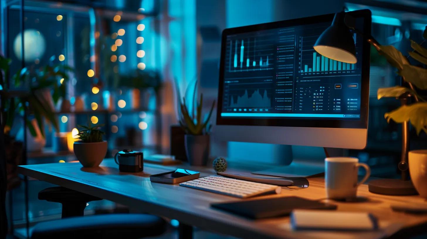 Dark Mode: Why Websites are Switching and How to Implement It 7 a sleek, modern office workspace illuminated by ambient artificial lighting displays a computer screen showcasing an innovative web design featuring an elegant dark mode interface, symbolizing the future of technology and user-centric design.