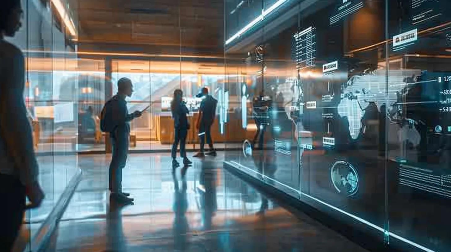 Augmented Reality (AR) in Marketing: What's Next? 5 a sleek, modern urban office space showcases a diverse group of professionals engaging with vibrant augmented reality interfaces displayed on transparent screens, demonstrating the dynamic potential of hyper-personalization in marketing.