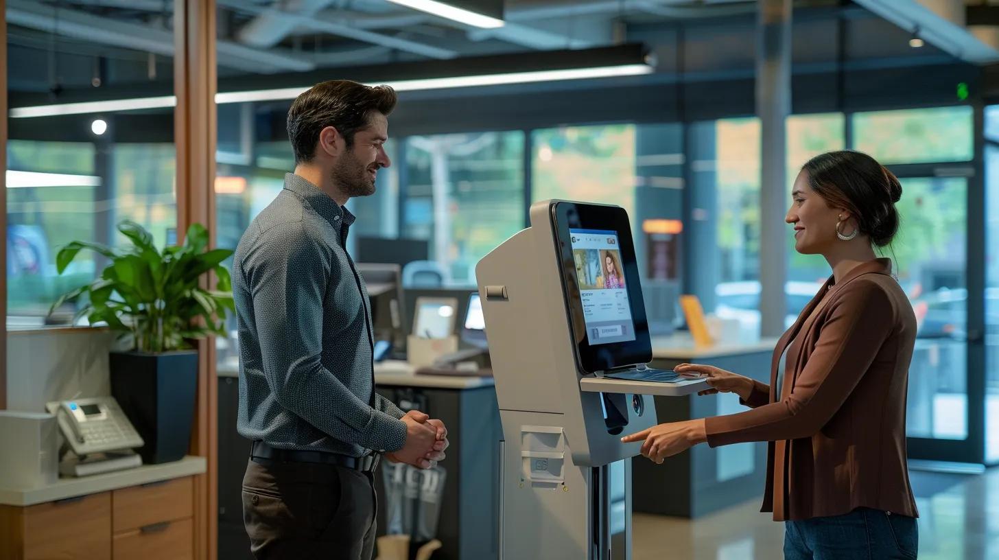 Local Reviews: How to Leverage Them for Better Search Visibility 3 a sleek office space features a modern digital kiosk displaying glowing customer reviews, with a business professional engaging a satisfied client, under soft overhead lighting that highlights their interaction.