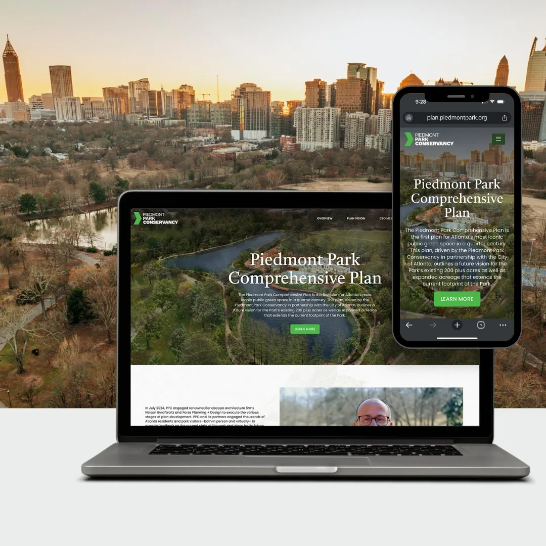 Piedmont Park Conservancy 1 A laptop and smartphone display the Piedmont Park Expansion Plan website, with a city skyline and park landscape visible in the background.