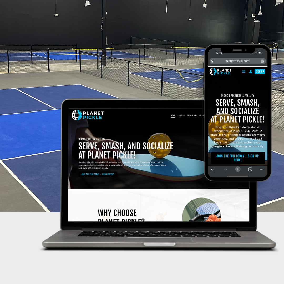 Planet Pickle 2 A laptop and smartphone showcase the Planet Pickle website against a backdrop of indoor pickleball courts, highlighting the full Planet Pickle experience.