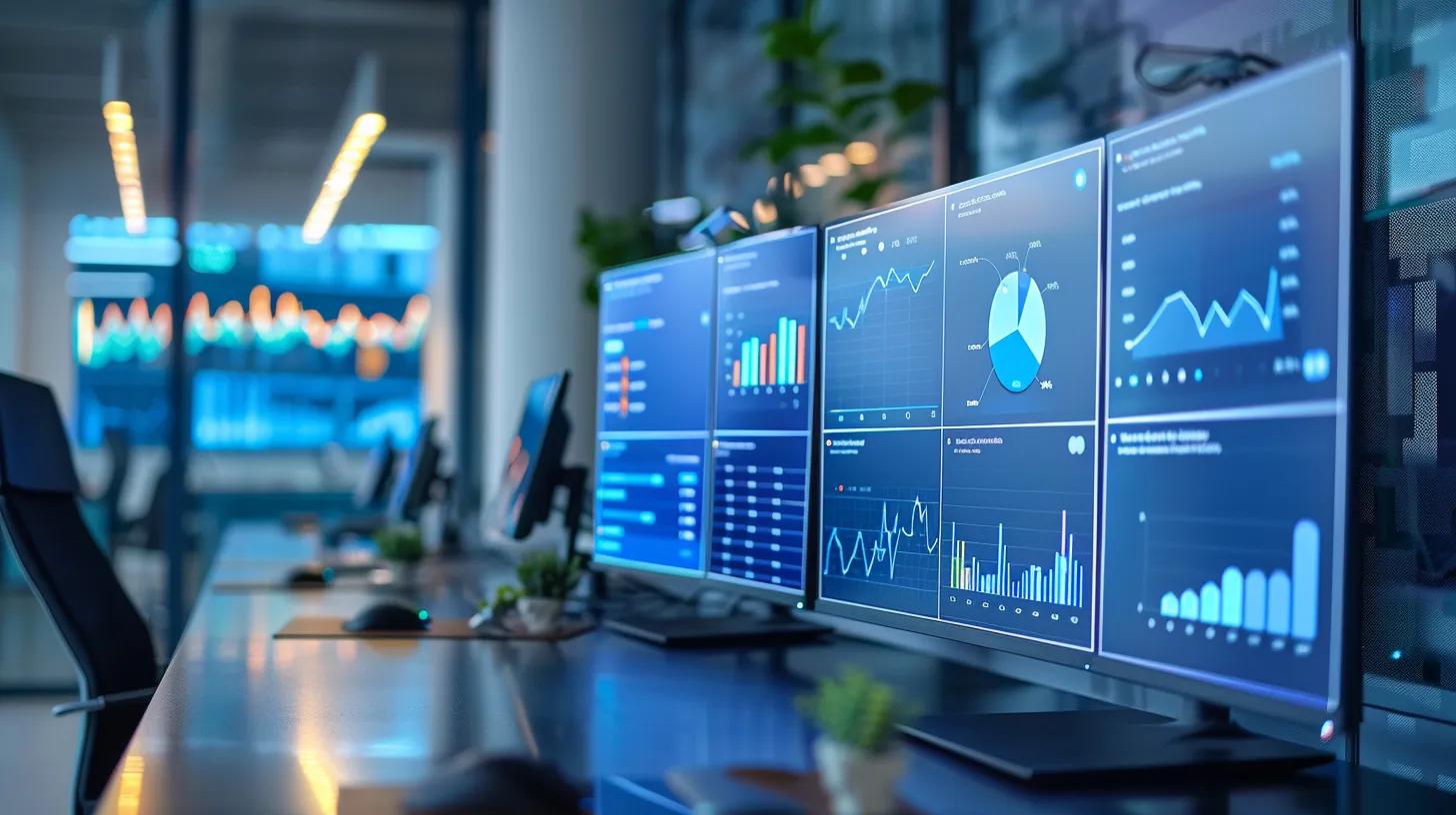 Unlock SEO Potential With Strong Website Management and SEO Practices 6 a sleek, modern office workspace displays multiple digital screens showcasing vibrant analytics dashboards and seo performance metrics, emphasizing the strategic utilization of technology for effective website management.