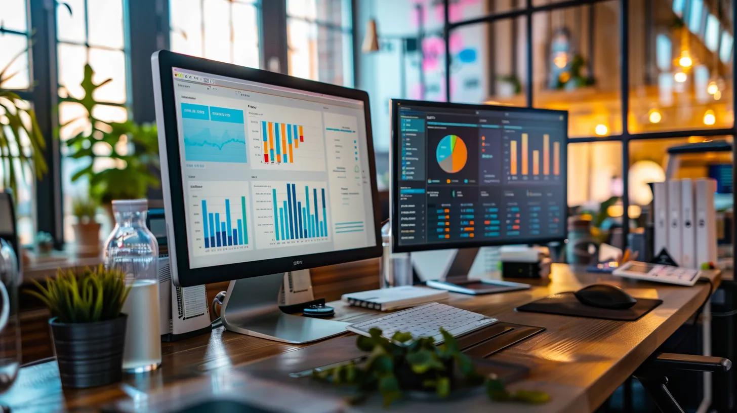 Unlock SEO Potential With Strong Website Management and SEO Practices 4 a sleek, modern office workspace is filled with multiple computer screens displaying a colorful seo checklist dashboard, surrounded by digital tools and analytics charts, reflecting a vibrant atmosphere of productivity for beginners in website management.