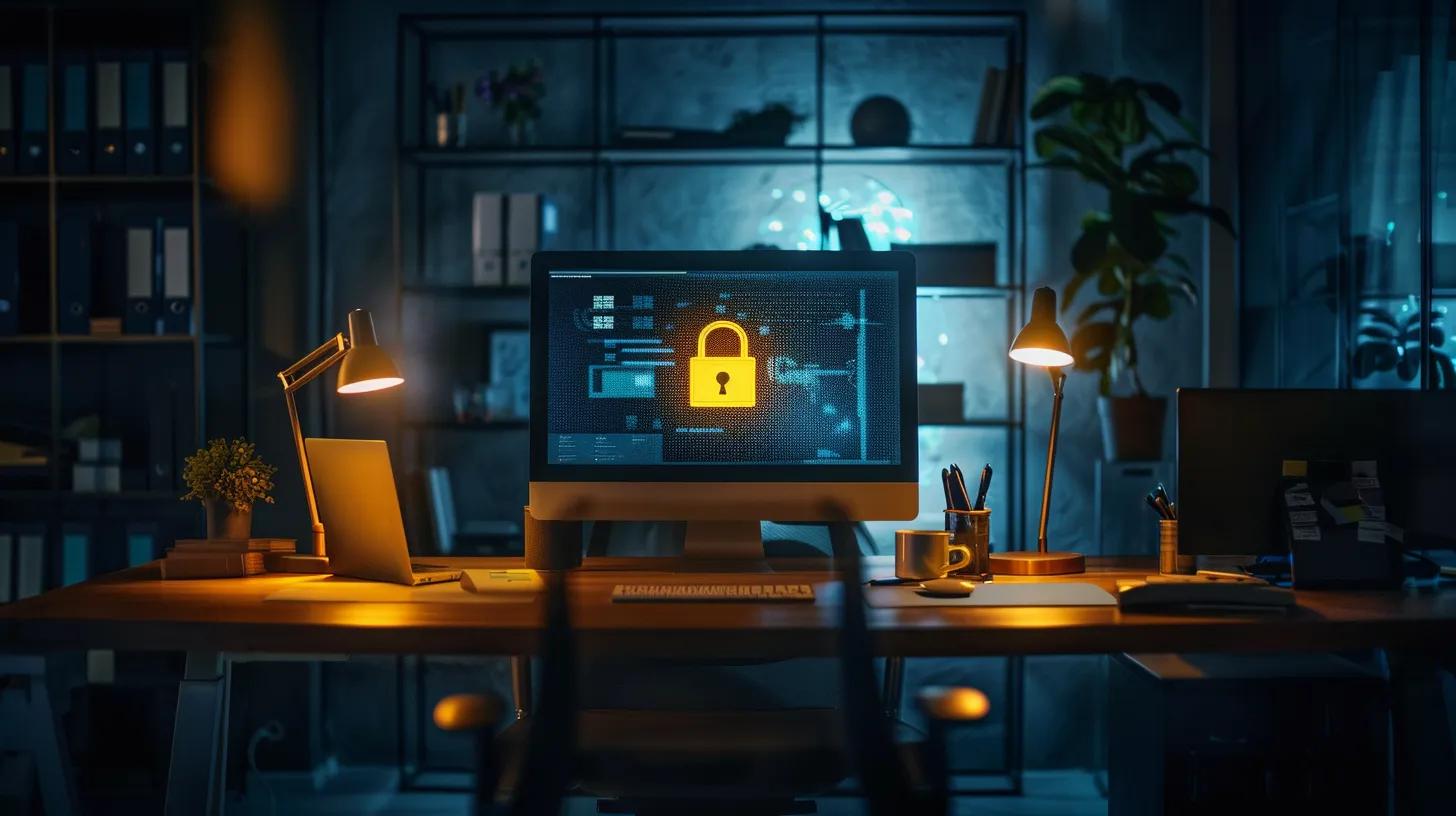Unlock SEO Potential With Strong Website Management and SEO Practices 5 a sleek, modern office space is illuminated by soft artificial lighting, featuring a computer screen displaying a secure website with a prominent padlock icon, symbolizing the critical link between cybersecurity measures and improved seo rankings.