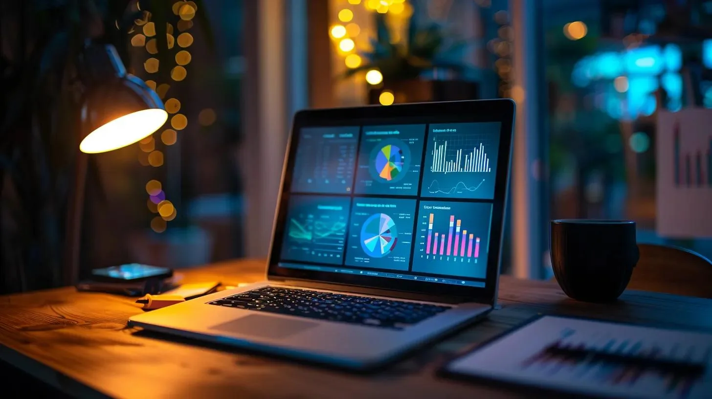 a focused office setting showcases a sleek laptop displaying a vibrant website dashboard, with infographics and analytics on screen, illuminated by modern task lighting, emphasizing the theme of strategic website management for enhanced seo performance.