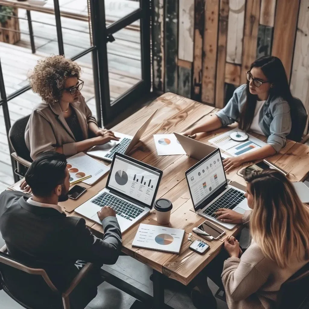Group of professionals analyzing data and discussing marketing strategies during a meeting, with laptops displaying charts and graphs on a wooden table.