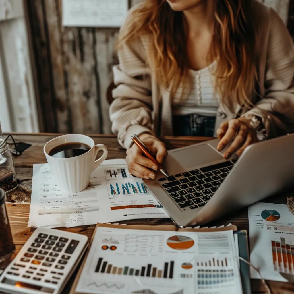 Small business owner analyzing predictive analytics data in a cozy workspace