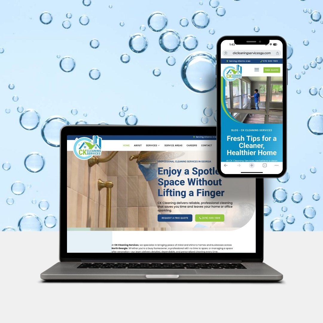 A laptop and smartphone display the CK Cleaning Services website, set against a background with water droplets, highlighting the modern digital presence of CK Cleaning Services.