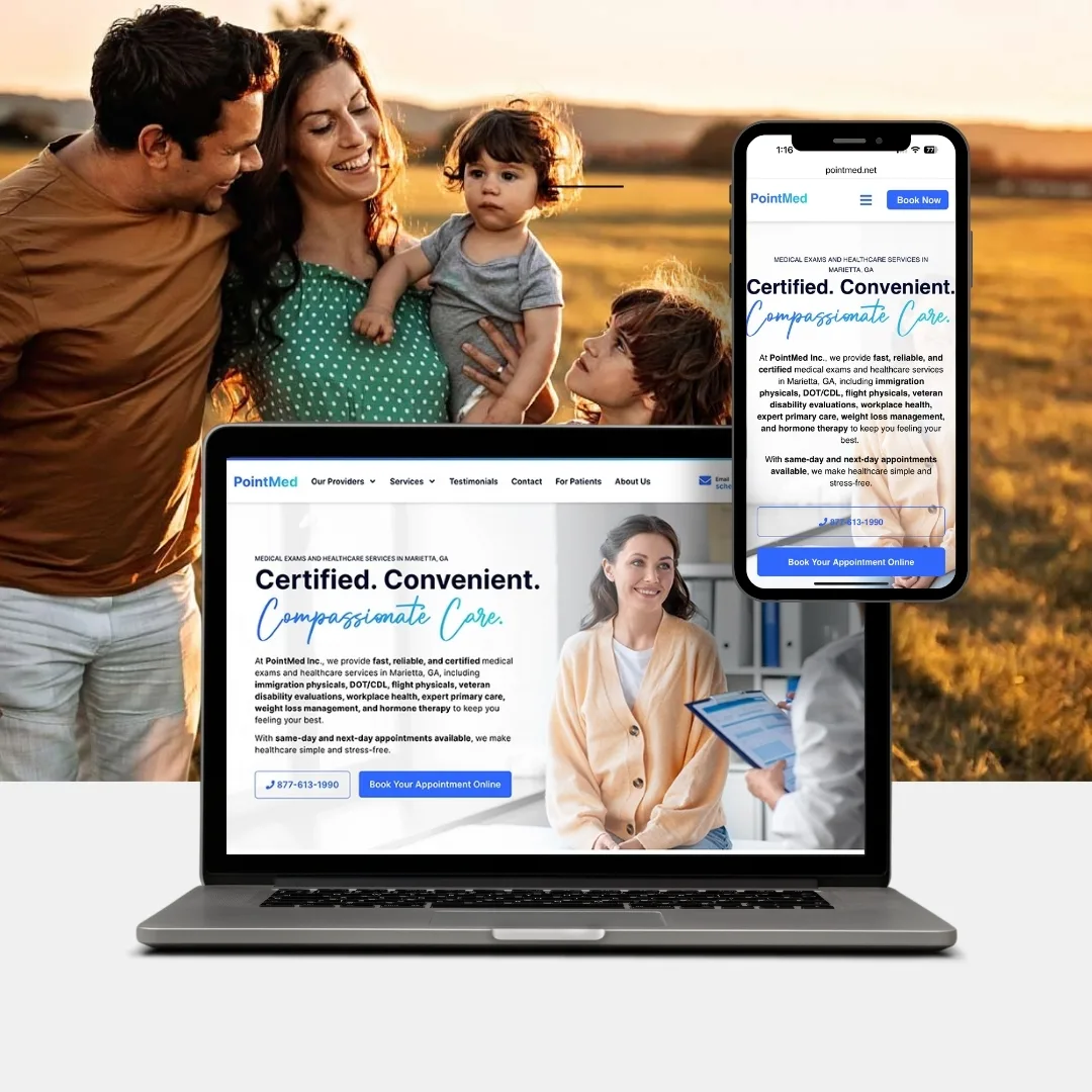 A laptop and smartphone display a healthcare website. In the background, a smiling family of four stands outdoors. The website features a woman in a cardigan and options to book appointments.